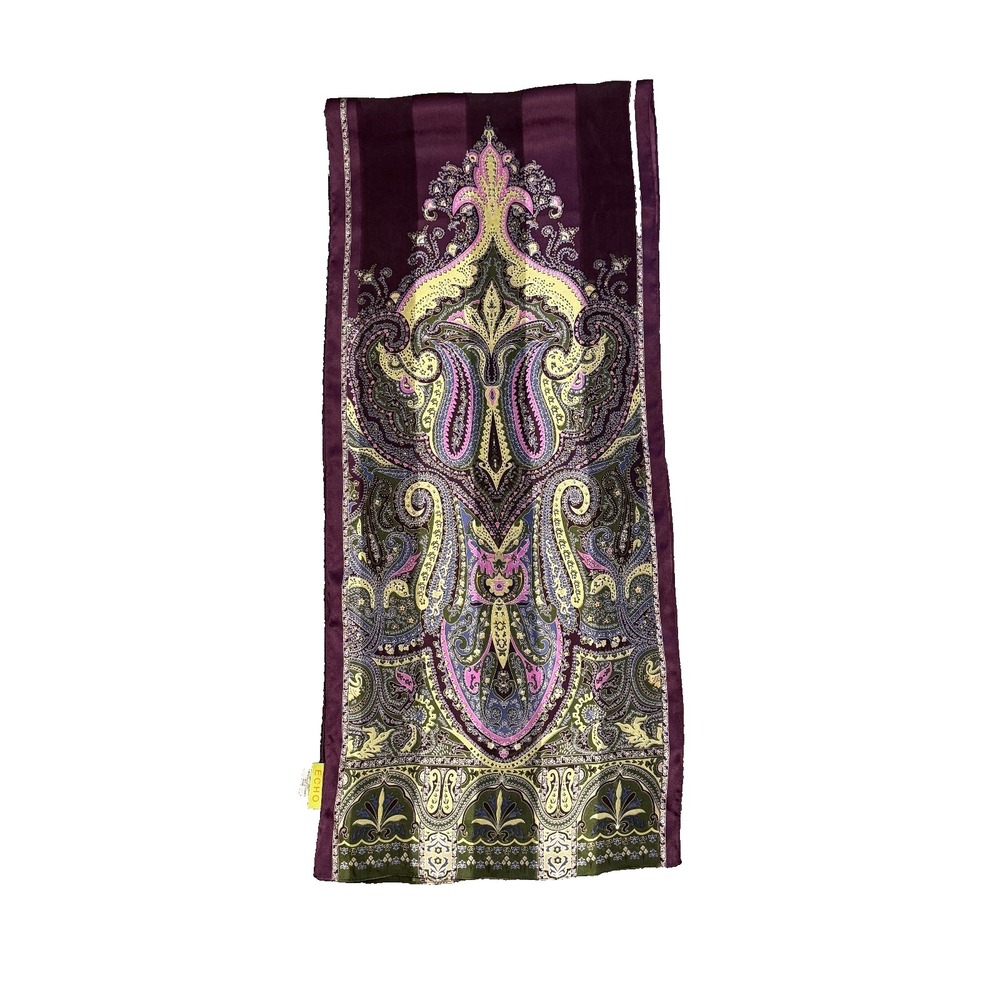 Echo Vintage 100% Silk Rectangular Scarf Paisley Burgundy Olive Yellow Pink